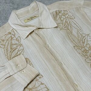 Tommy Bahama Linen Shirt Mens Large Beige Stripe Embroidered Long Sleeve Beachy